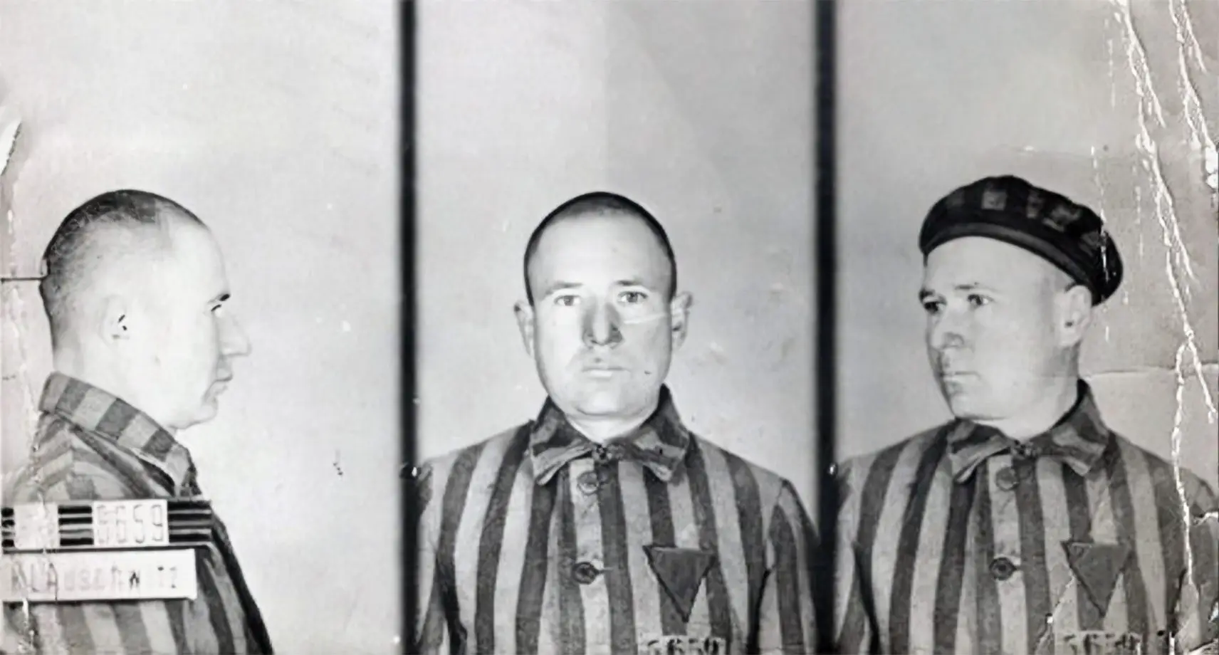 Franciszek Gajowniczek w obozowym pasiaku, fotografia identyfikacyjna z KL Auschwitz